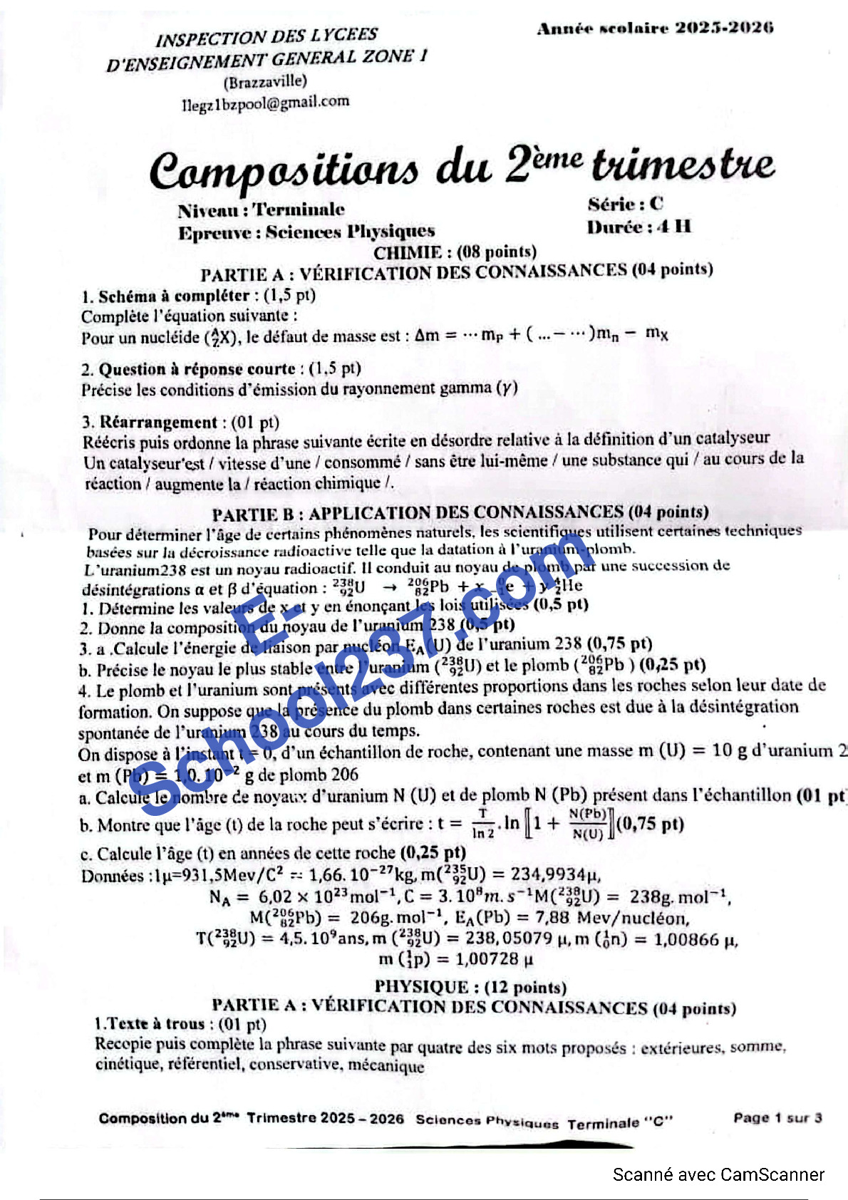 Composition du 2e trimestre PC TC BZ 2025-2026 Congo Brazza